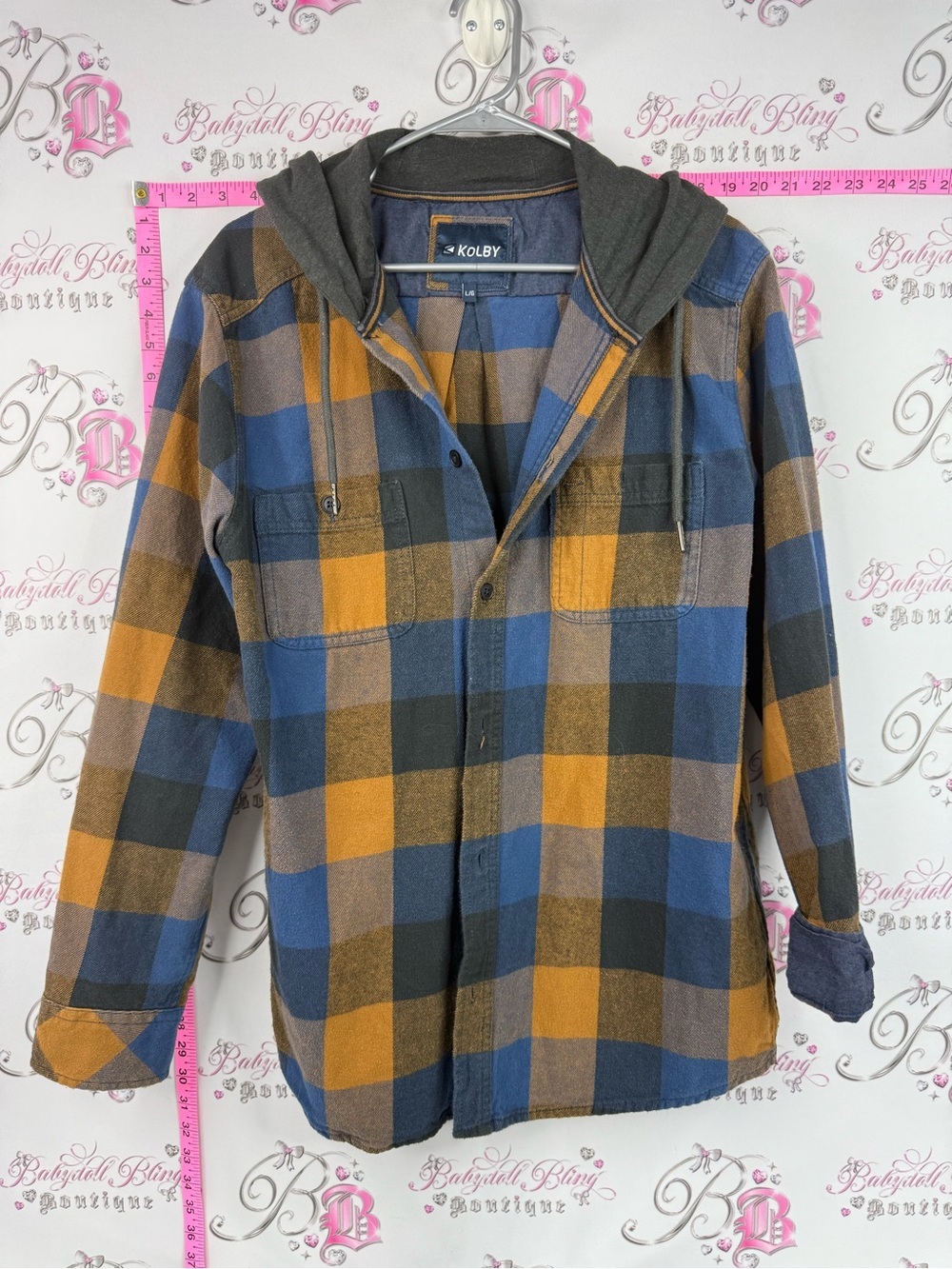Kolby button up hooded Men's Blue & orange Plaid Hooded Shirt Jacket